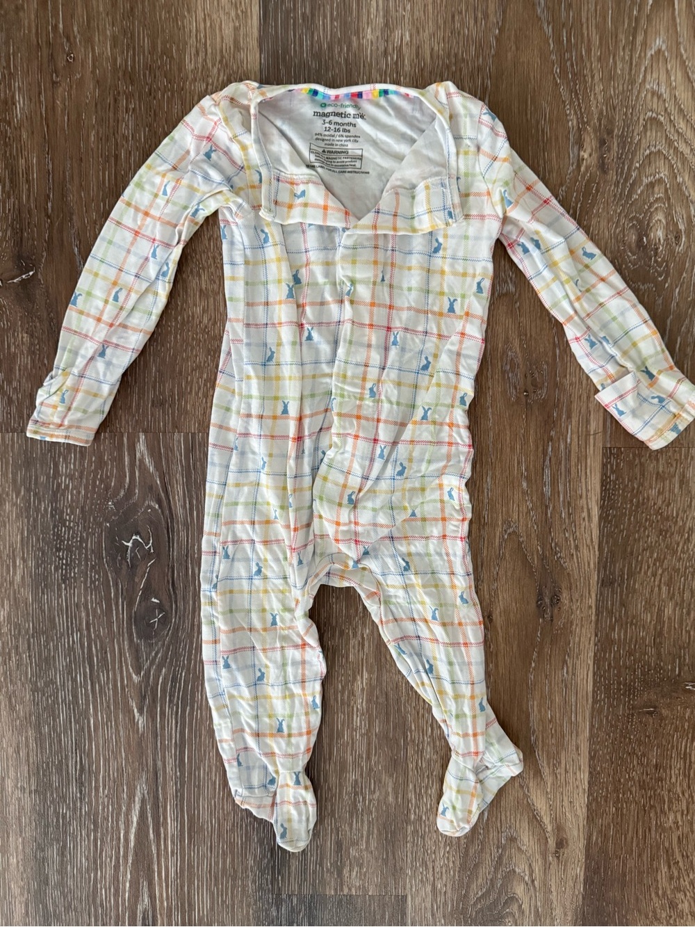 Magnetic Me Cream Plaid Footed One-Piece with Blue and Yellow Accents